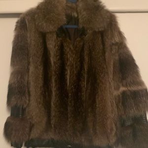 Raccoon fur jacket - genuine- with brown leather trim